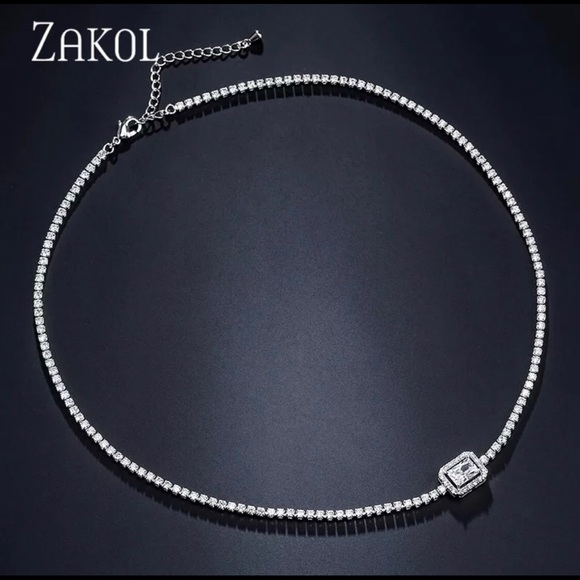 ZAKOL Rectangle Cubic Zirconia Coker Necklace - Picture 5 of 7